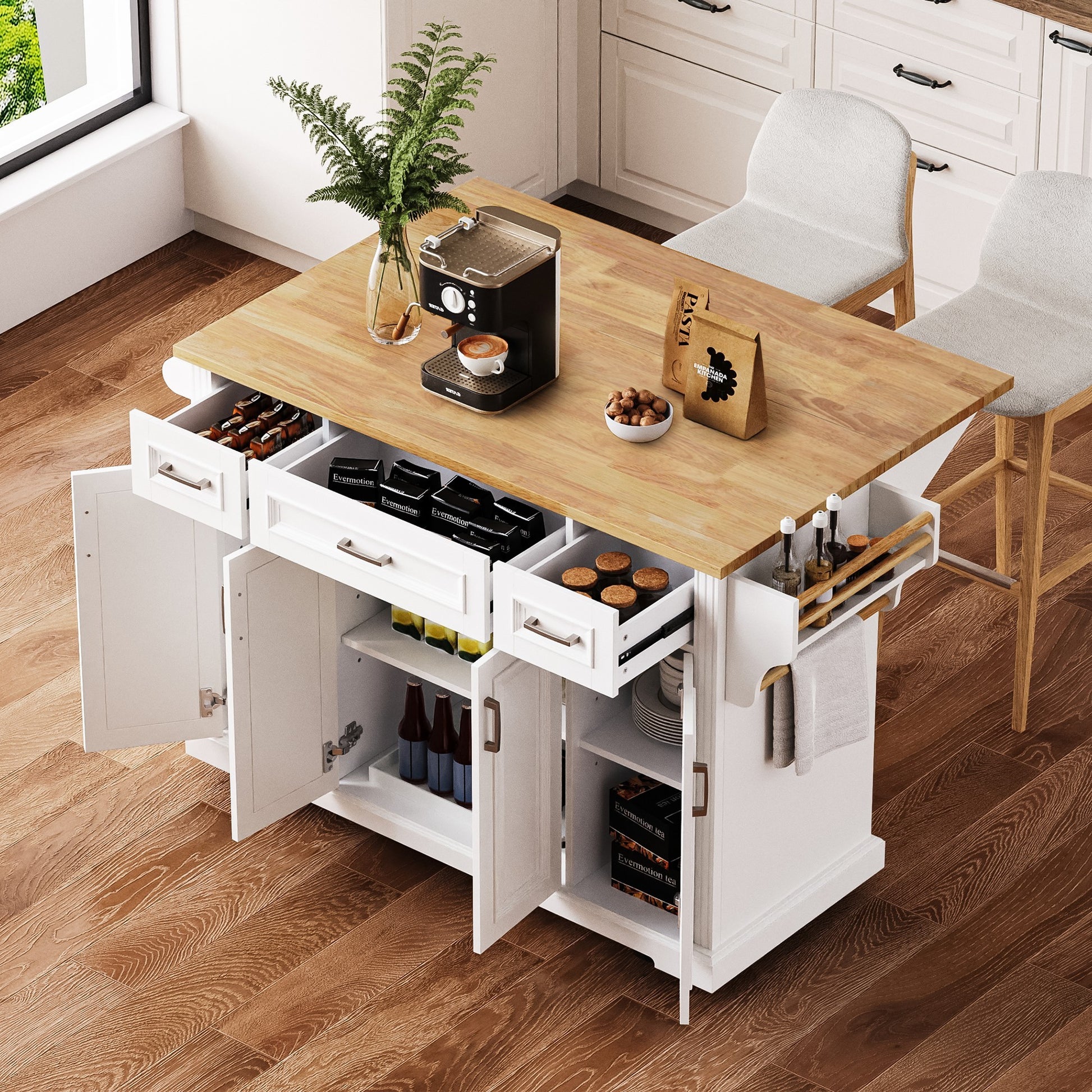 K&k 54" Large Kitchen Island with Rubber Wood Drop Leaf - White - primary color shot