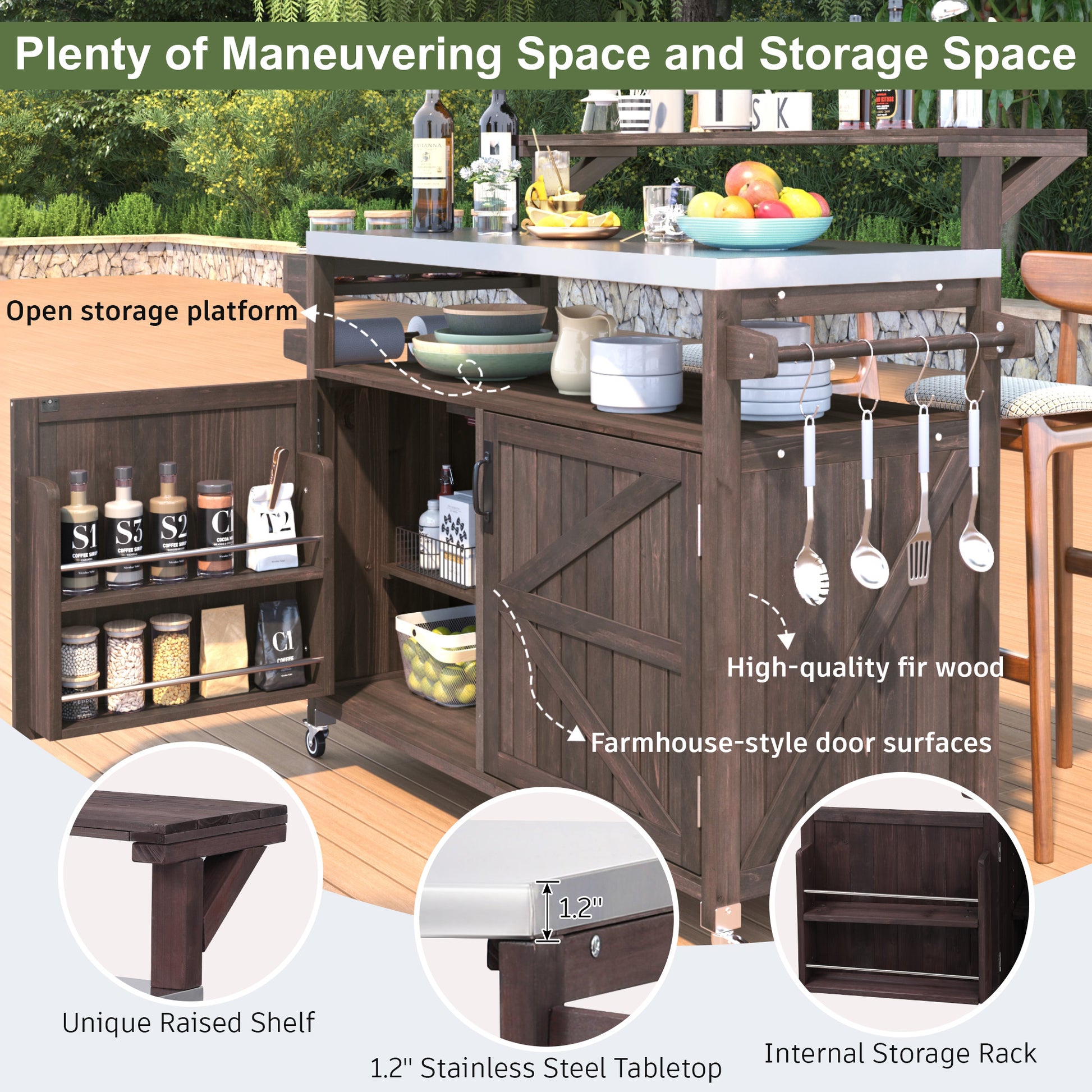 K&k 53.3' Outdoor Kitchen Island with Raised Shelf - Brown - detail view 6