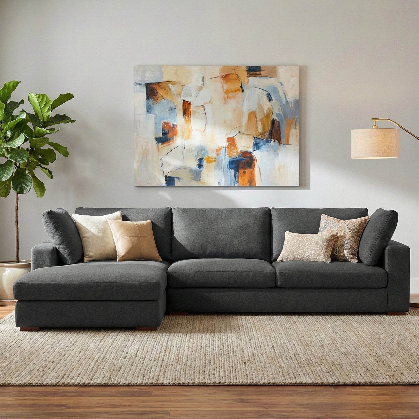 Charlie Deep Seater Left Sectional Sofa in Pebble Grey Performance Fabric with Solid Wood Frame, 122-Inch Wide, 8-Inch Thick Cushions - detail view 2