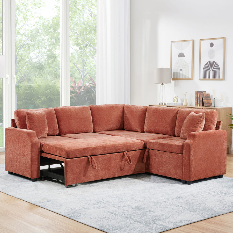 Upholstered L-shaped Sectional Sofa Bed with Sleeper and Hidden Storage, Orange Chenille, 81.9' - detail view 2