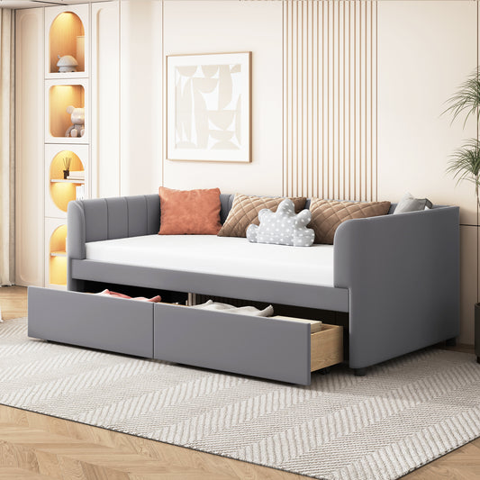Tindra Twin Size Upholstered Daybed with Ergonomic Design Backrest and 2 Drawers, Gray