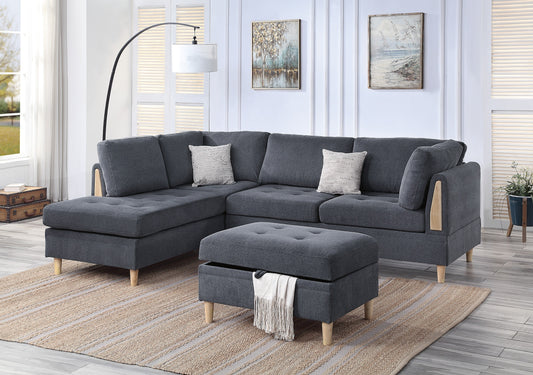 3-PCS Reversible Sectional Set Living Room Furniture Charcoal Color Chenille Couch Sofa, Reversible Chaise Ottoman - primary color shot