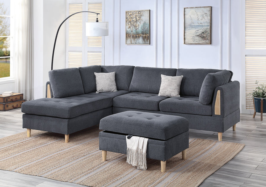 3-PCS Reversible Sectional Set Living Room Furniture Charcoal Color Chenille Couch Sofa, Reversible Chaise Ottoman - primary color shot