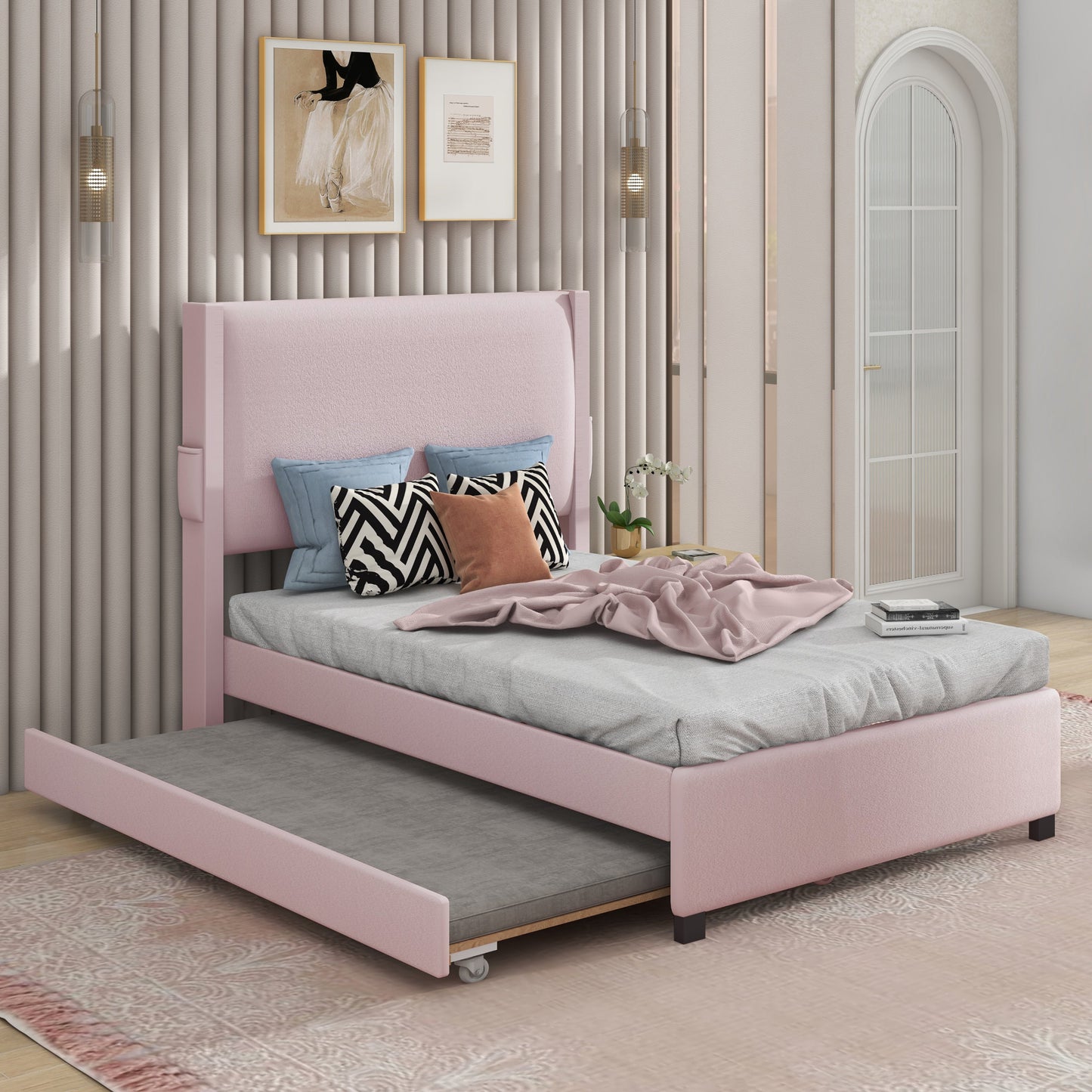 pink Bouclé  youth bed with trundle
