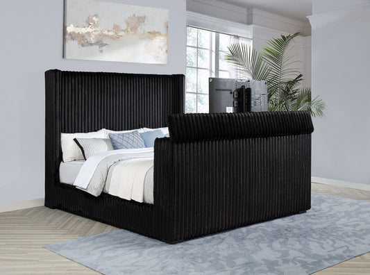 Centergrove Black Velvet Wingback TV Lift Bed – Eastern King