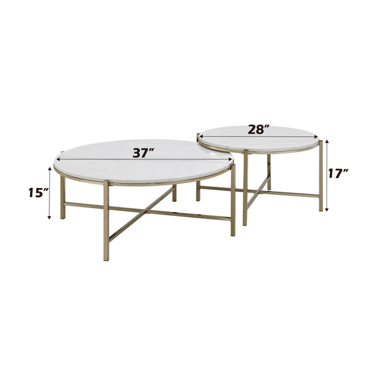 White Marble Steel Frame Nesting Tables with Wood Legs - detail view 2