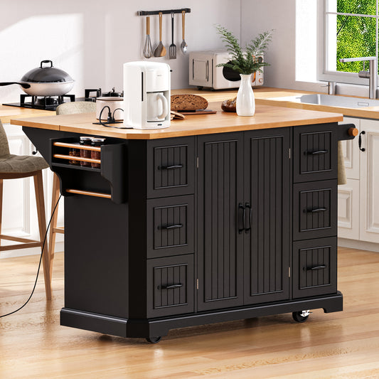K&k 56" Kitchen Island with Rubber Wood Veneer Drop Leaf - Black - detail view 2