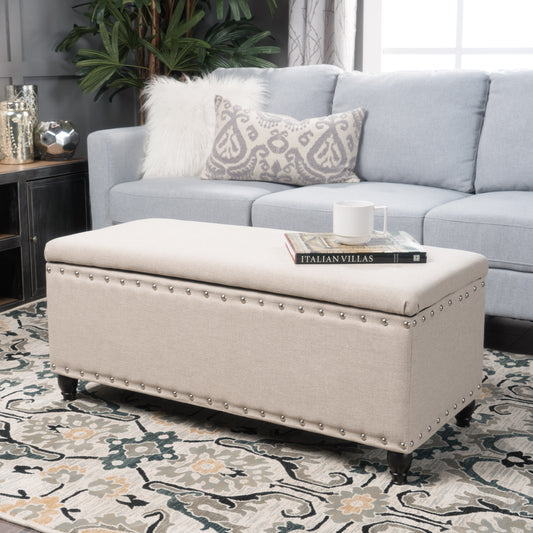 Belicia Upholstered Storage Ottoman with Nailhead Trim, Beige