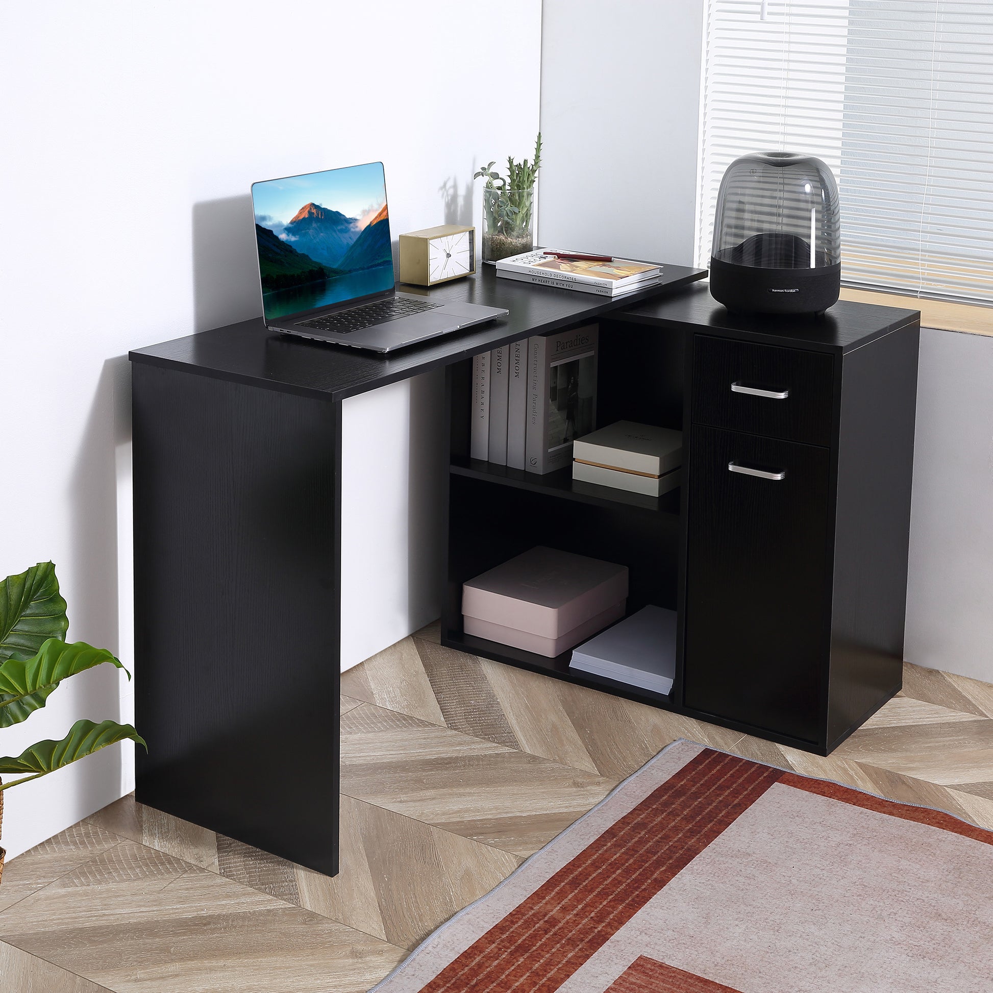 L Shaped Computer Desk, 180° Rotating Corner Desk with Storage Shelves, Black