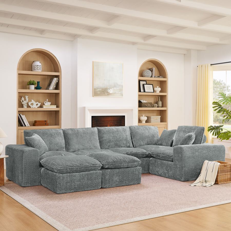 Modern Grey Boucle L-Shaped Sectional Sofa with Two Moveable Ottomans, 107'' Comfortable Cloud Couch with Pillows, DIY Modular Design - detail view 2