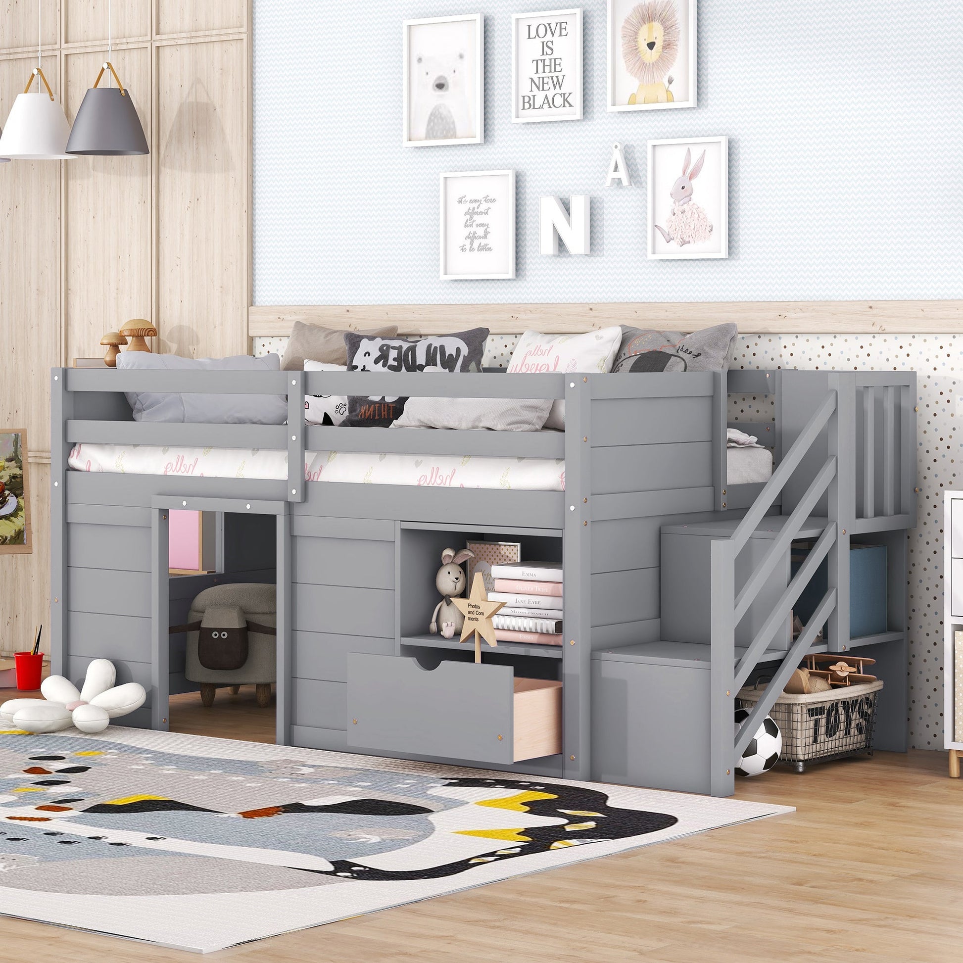 Gracen Twin Size Loft Bed with Stairway Chest & Drawers, Gray