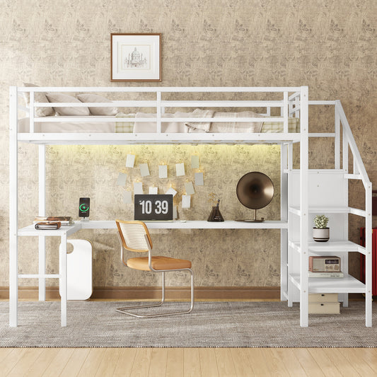 Full Size Loft Bed with L-Shaped Desk and USB - Off White - detail view 2