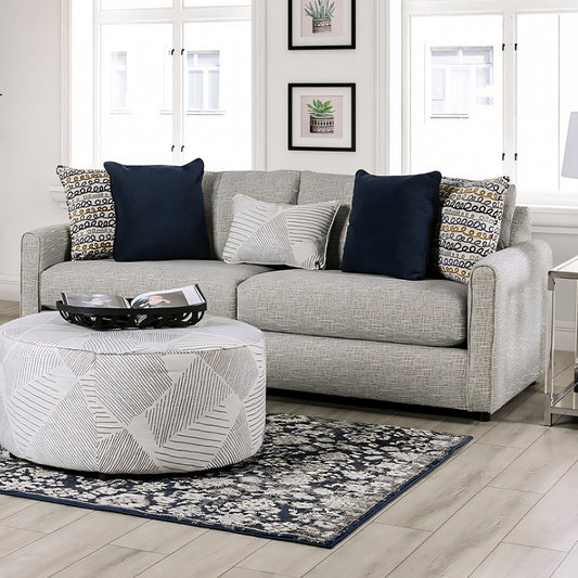 Chancery Transitional Sofa in Gray Linen-Like Fabric with Navy & Gold Accent Pillows