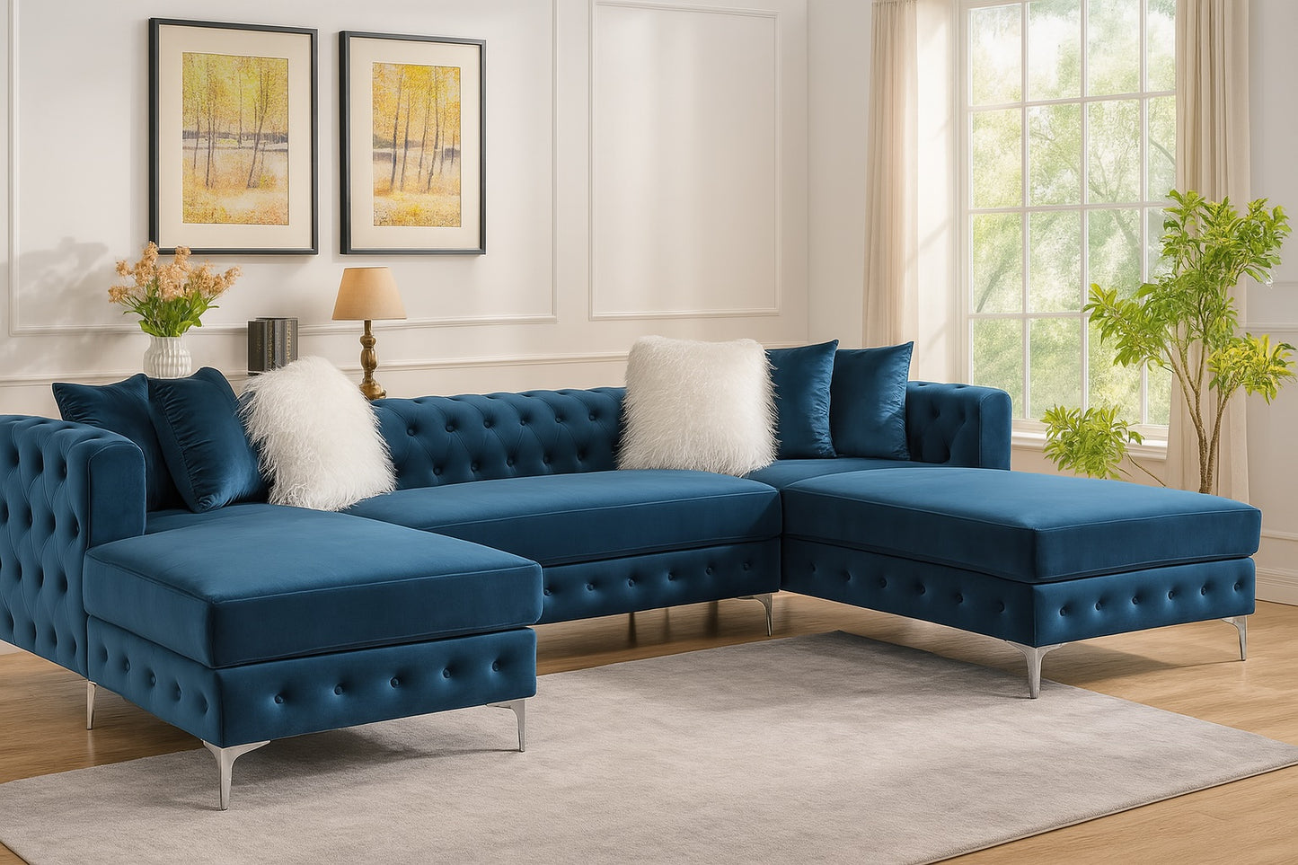 Blue sectional sofa in a living room with decor elements.
