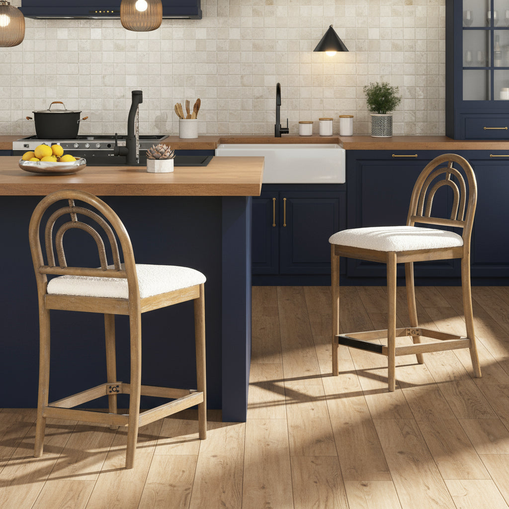 Modern kitchen with marble island and wooden bar stools
