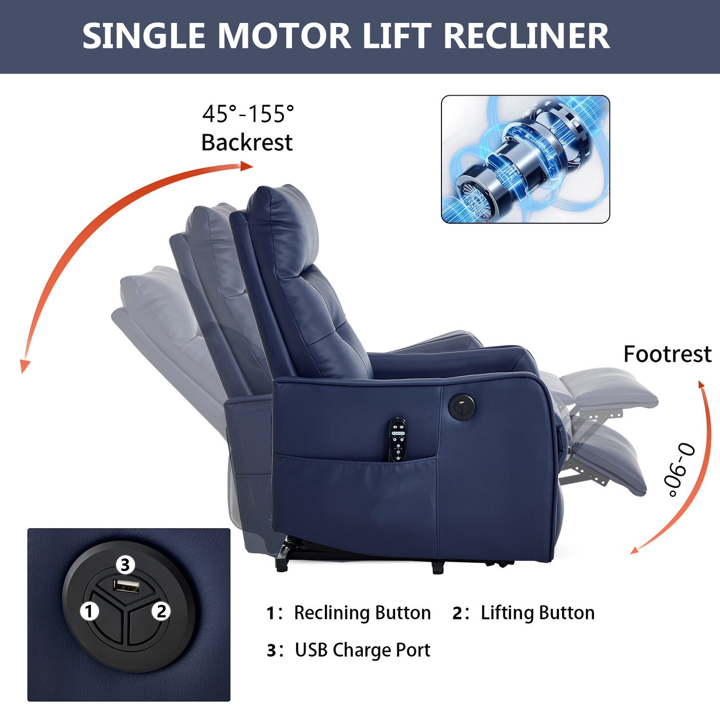 Deep Blue PU Single Motor Power Lift Recliner Chair with Massage and Heat for Elderly - detail view 4