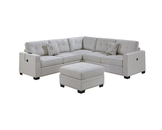 Casual Simple Tufted Couch Living Room Sectional 4pc Set Sincere Bone Color Fabric Upholstered RAF/LAF One-Arm Loveseat Wedge Ottoman - detail view 2