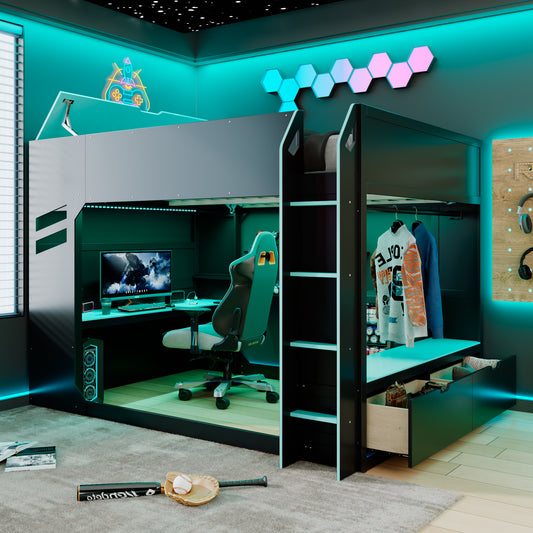 Full Size Wood Loft Bed with Height-Adjustable Desk - Blue - primary color shot