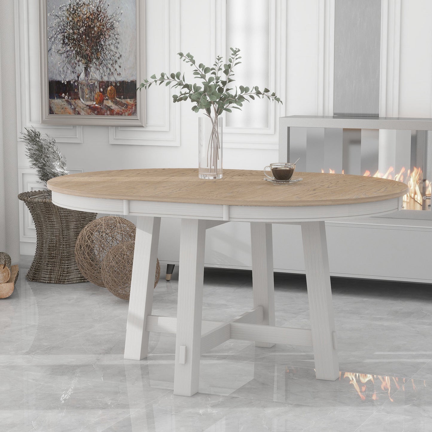 TREXM Farmhouse Round Extendable Dining Table with 16' Leaf Wood Kitchen Table (oak Natural Wood + Antique White) - Oak & Natural - primary color shot