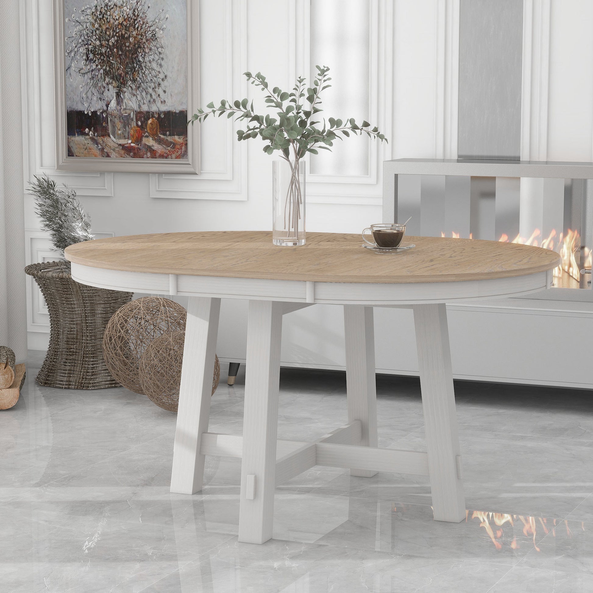 TREXM Farmhouse Round Extendable Dining Table with 16' Leaf Wood Kitchen Table (oak Natural Wood + Antique White) - Oak & Natural - primary color shot