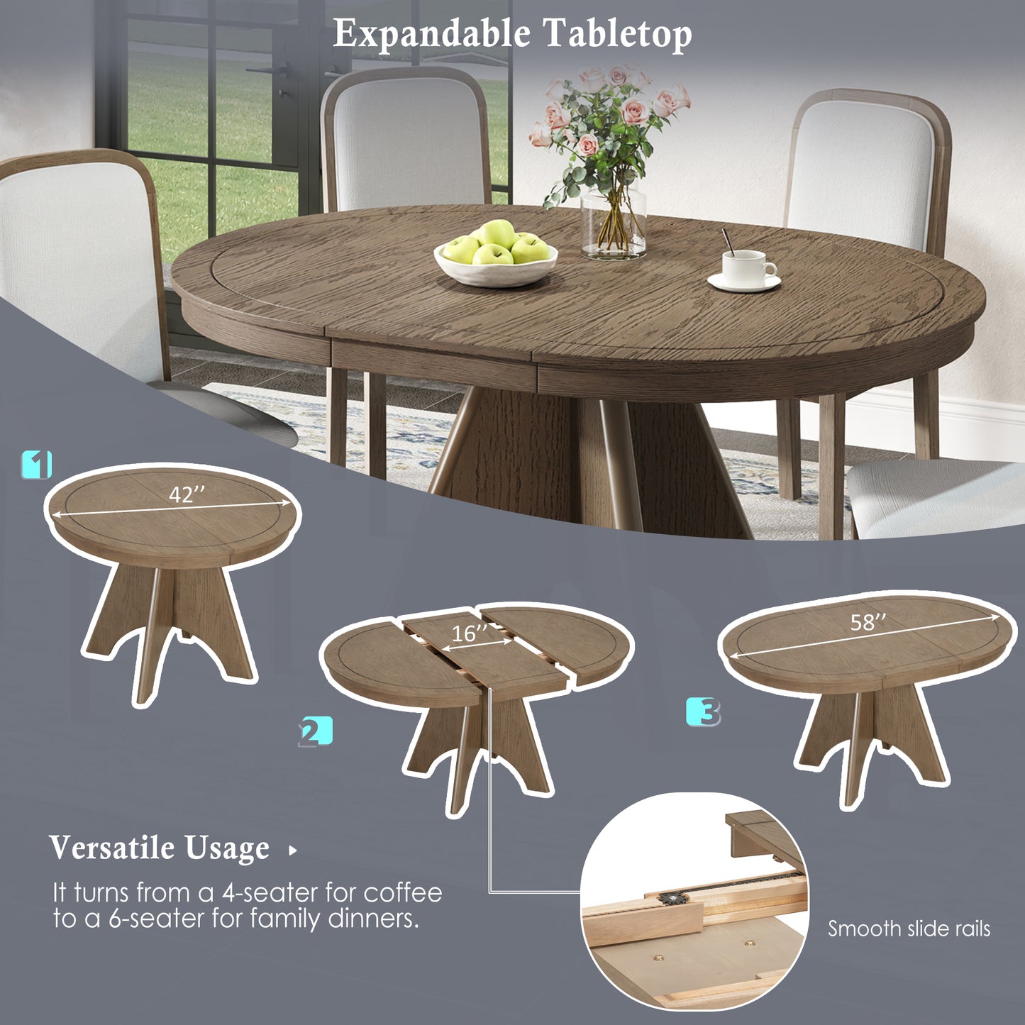 TREXM Vintage Extendable Dining Table for 4-6 - Espresso - detail view 3