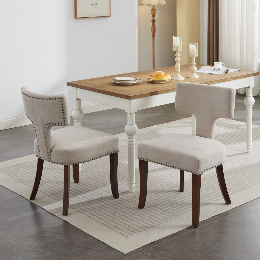 Beige Upholstered Dining Chairs with Wood Legs (Set of 2)