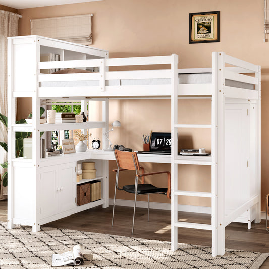 Wood Loft Bed with Cabinet and Bookshelf - White - primary color shot