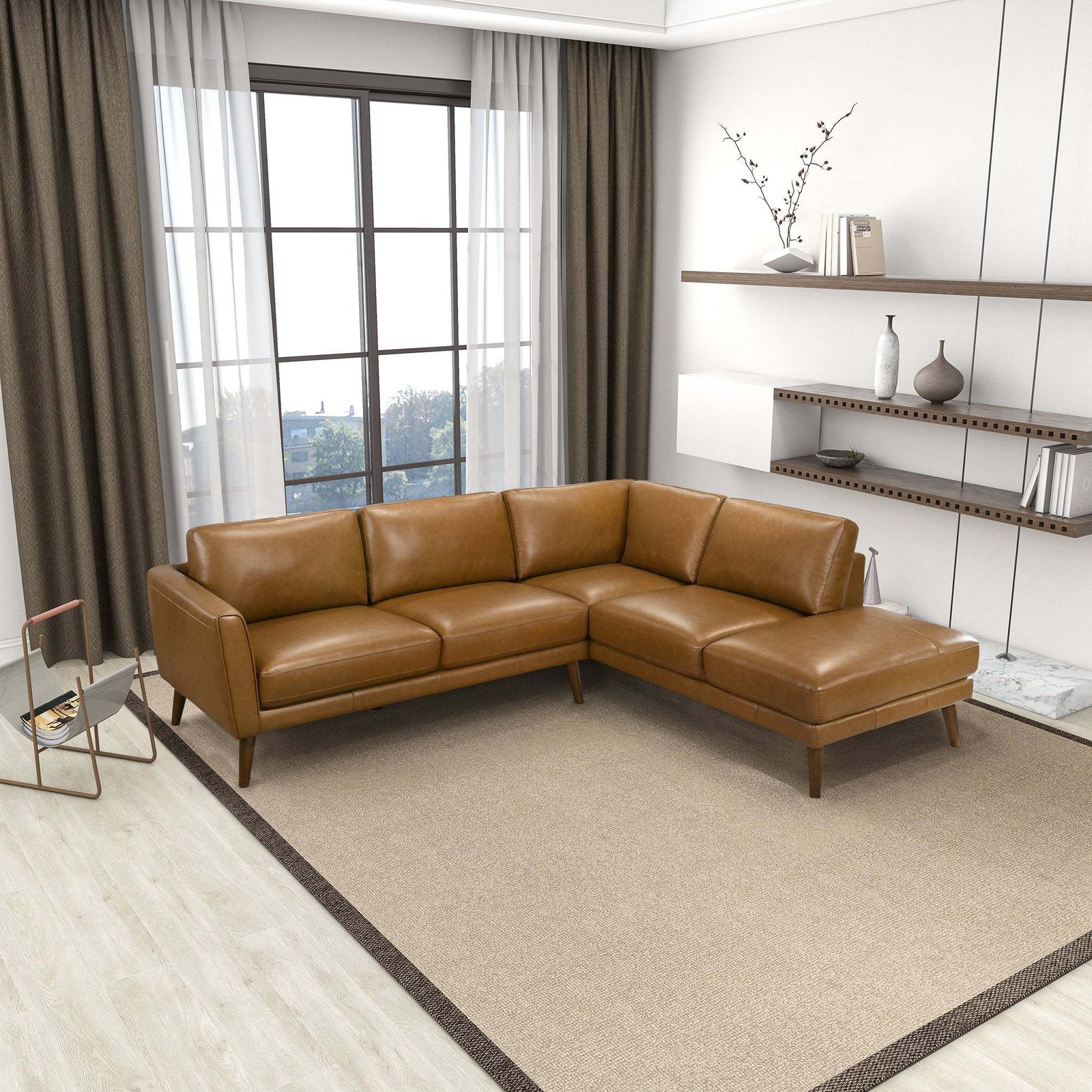 Mid-In Mod Benson Tan Leather Sectional Sofa with Right Facing Chaise - Mid-Century Modern Design - primary image