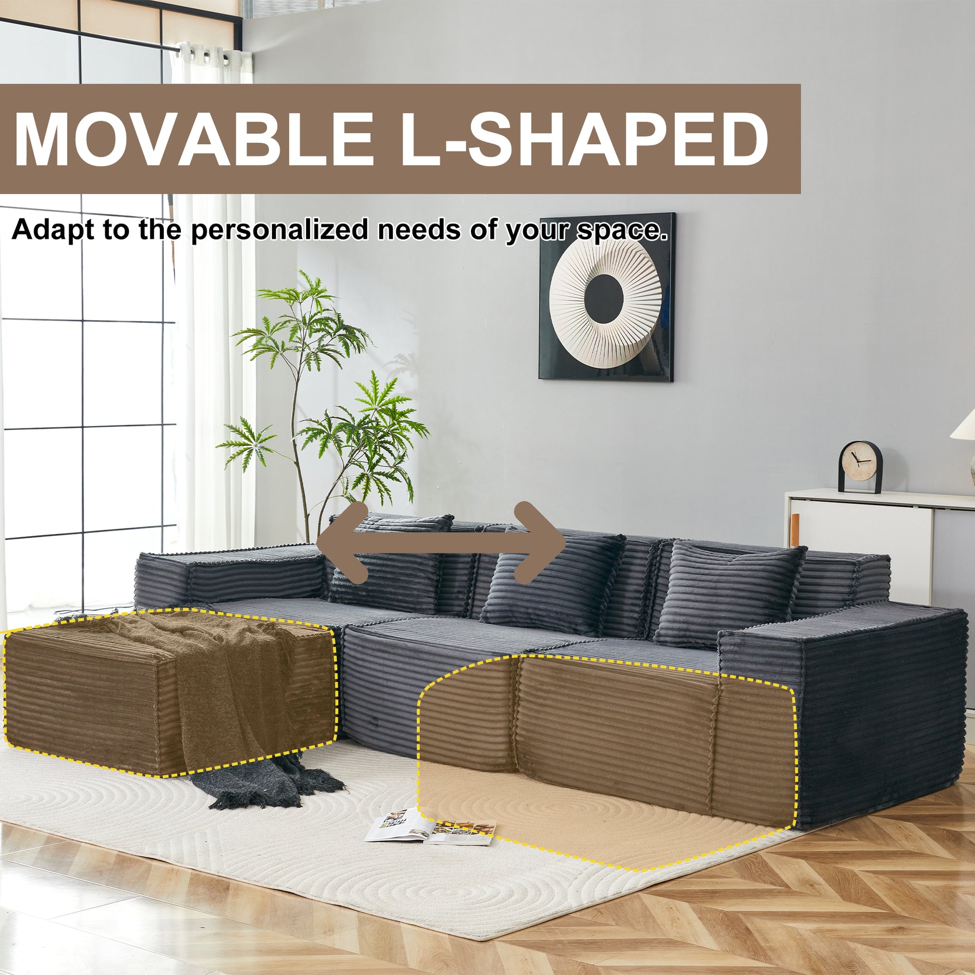 L-Shaped Modular Sectional Sofa, 3-Seater with Ottoman, Striped Corduroy Fabric, High-Density Foam For Home, Apartment, Office (Dark Gray) - detail view 8