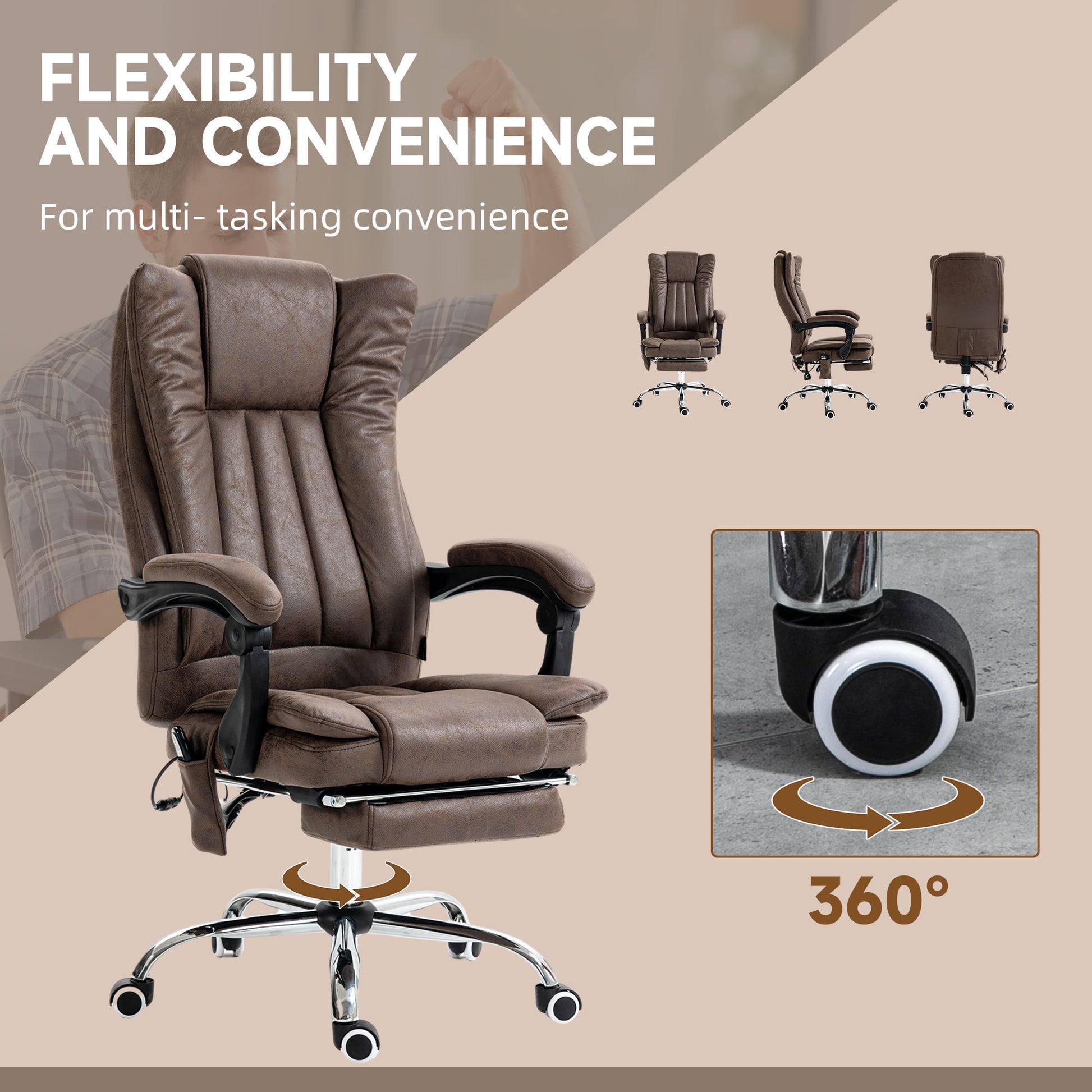 Cora High Bak Microfiber Office Chair with Heat & Massage, Brown