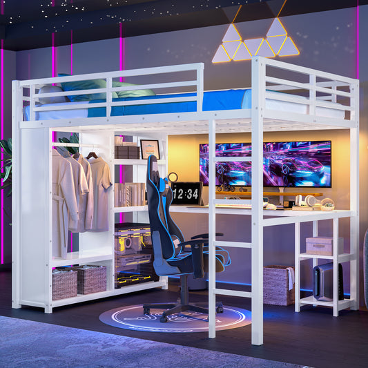 Queen Size Loft Bed Frame with Built-in Wardrobe - Off White - primary color shot