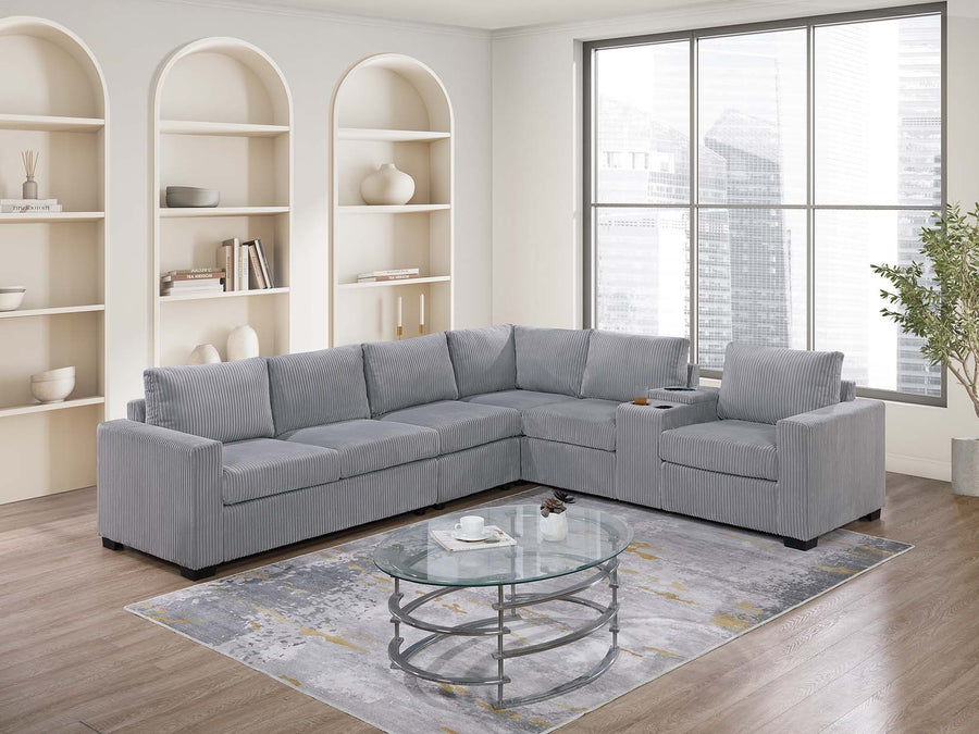 Modern Large Family Light Gray Corduroy 6pc Sectional Set Living Room One Arm Loveseat Wedge Console Armless Chair Couch Set - primary color shot