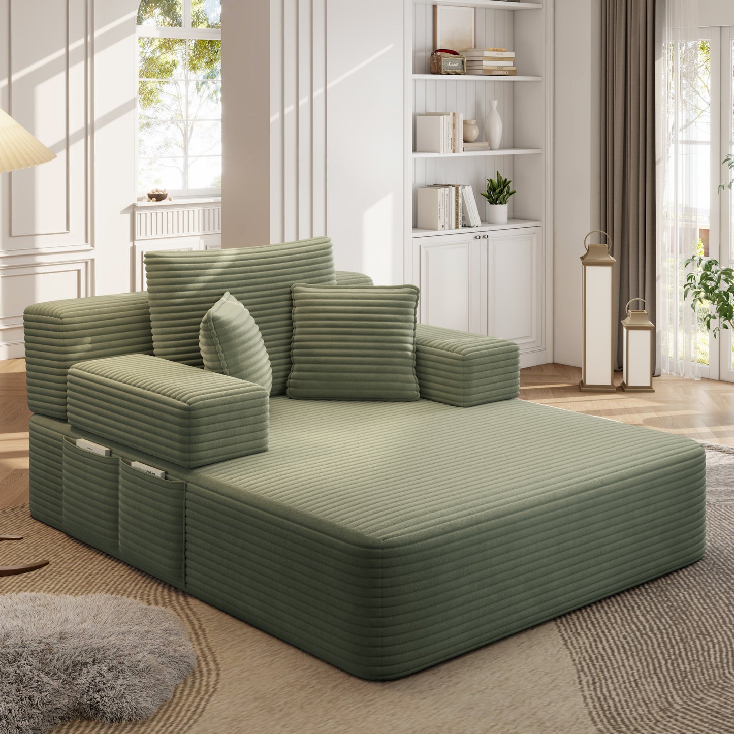 Luxurious Plush Corduroy Chaise Lounge with 3 Pillows - Green - detail view 6