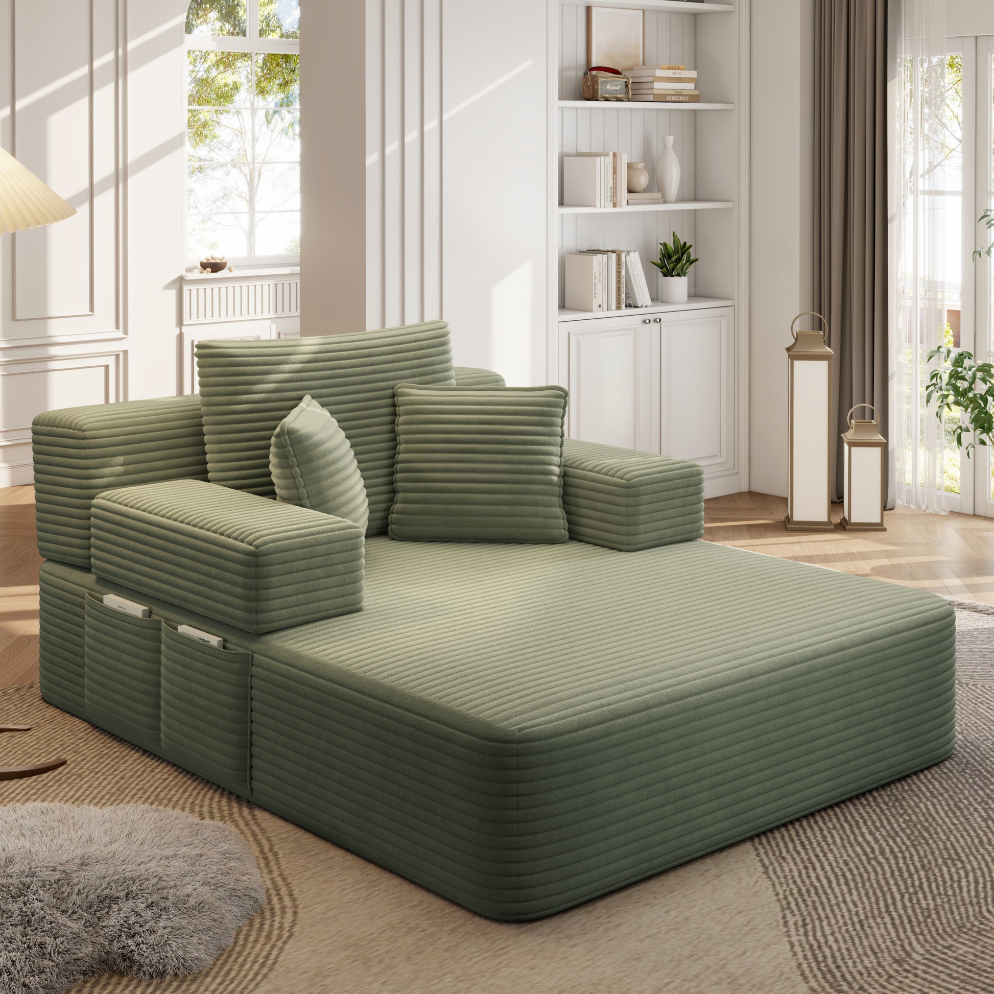 Luxurious Plush Corduroy Chaise Lounge with 3 Pillows - Green - detail view 6