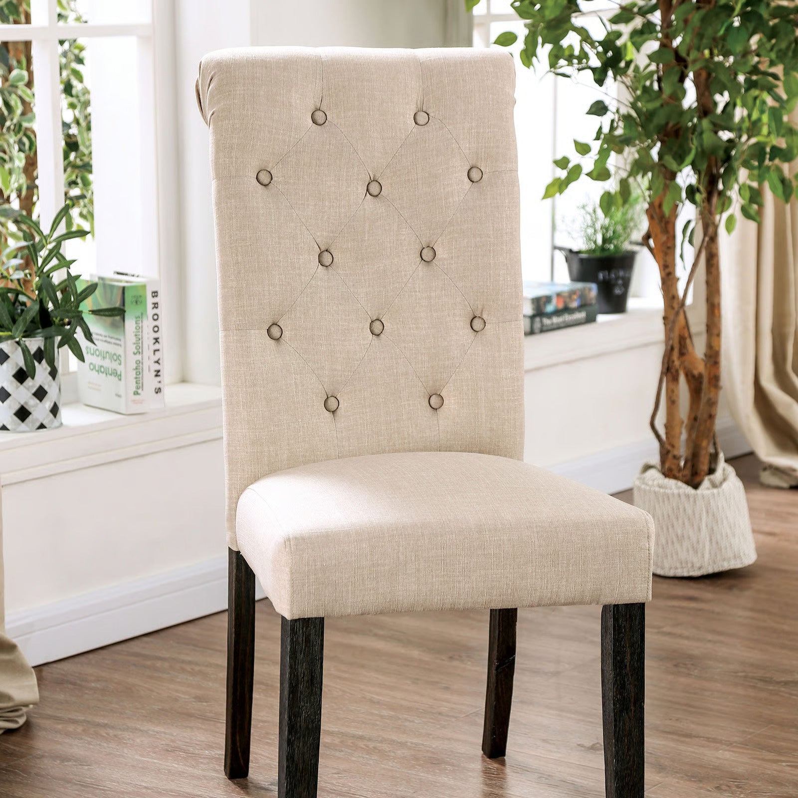 Madeline Button Tufted Linen Side Chairs with Black Legs, Ivory
