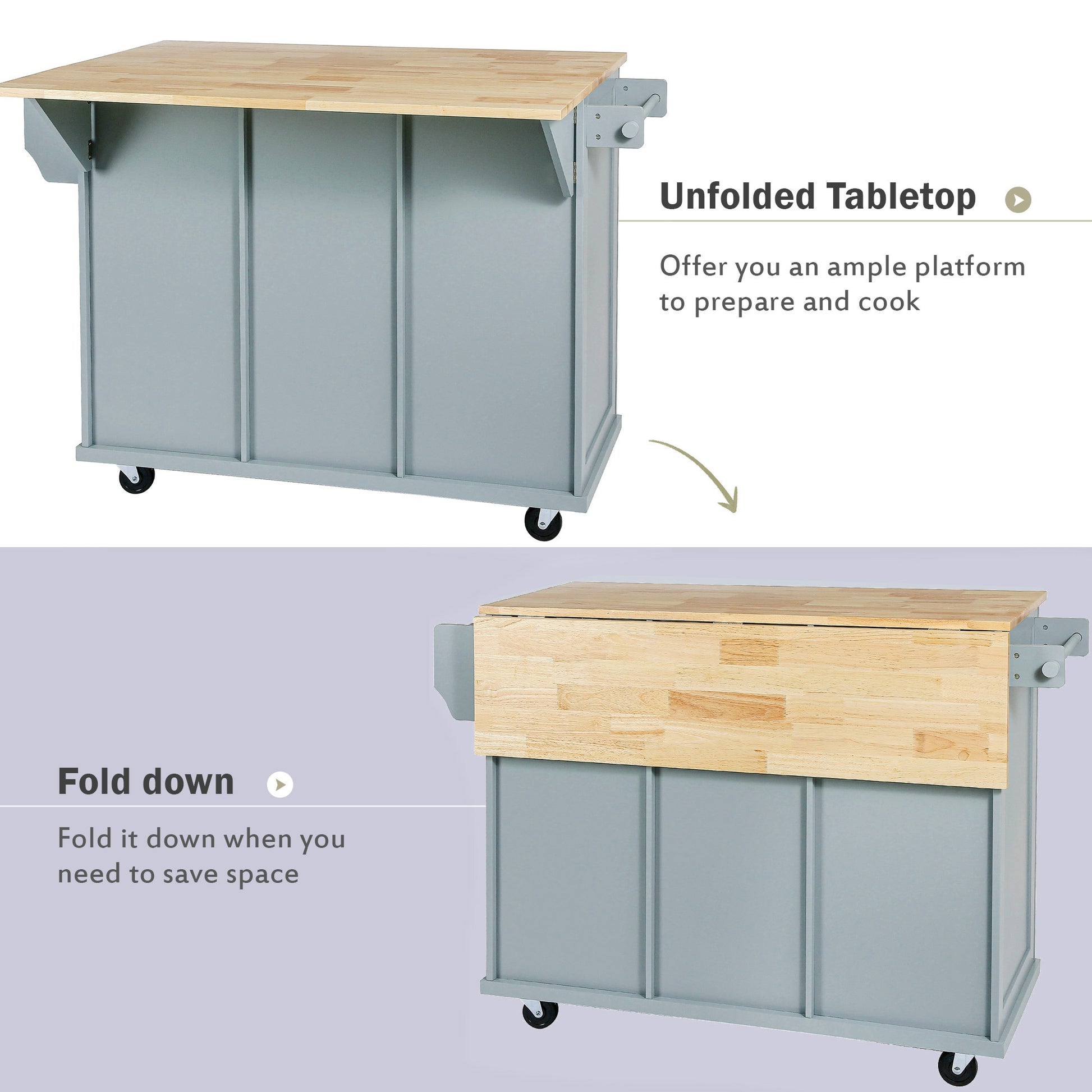 Kitchen Cart with Rubber Wood Drop-Leaf Countertop - Blue - detail view 5