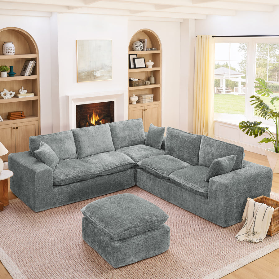 Modern Grey Boucle L-Shaped Sectional Sofa with Moveable Ottoman, Comfy Cloud Couch with Pillows, DIY Modular Design - detail view 2