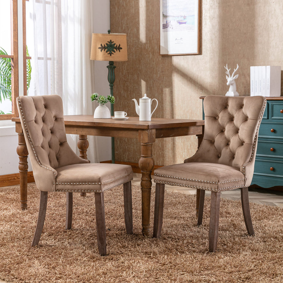 khaki Velvet Tufted Nailhead Trim Dining Chairs with Wood Legs