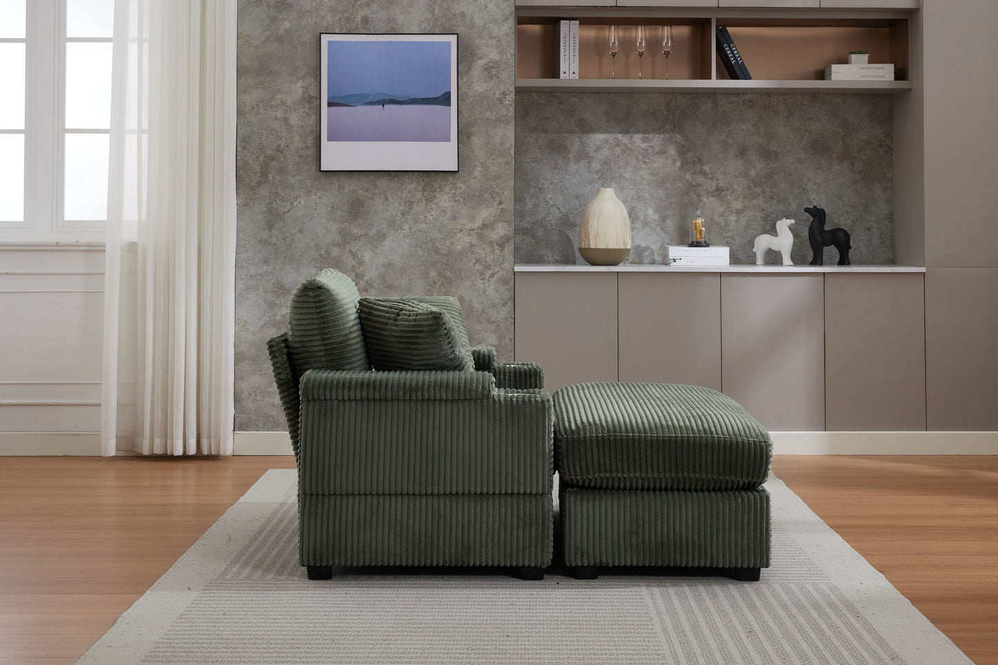 [video/new]corduroy Upholstered Chaise Lounge Sofa with Handrail Storage - Green - detail view 4