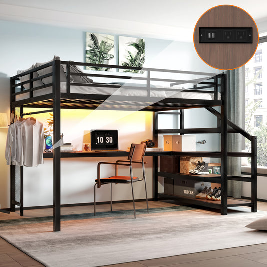 Queen Loft Bed with Desk and Storage Stairs - Black - primary color shot