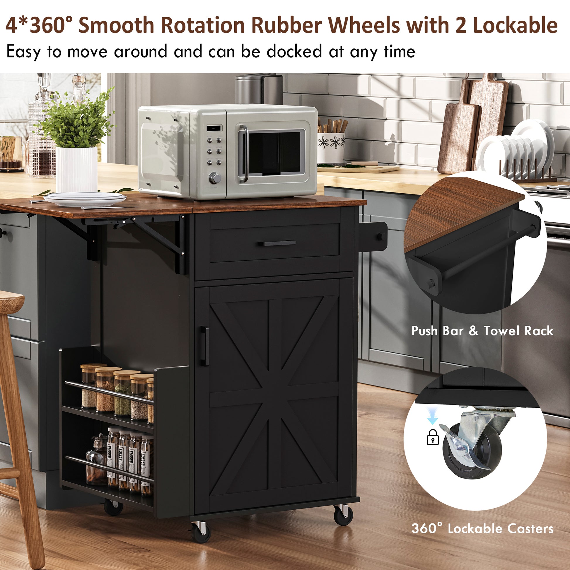 K&k 39.3' Farmhouse Kitchen Island with Drop Leaf - Black - detail view 8
