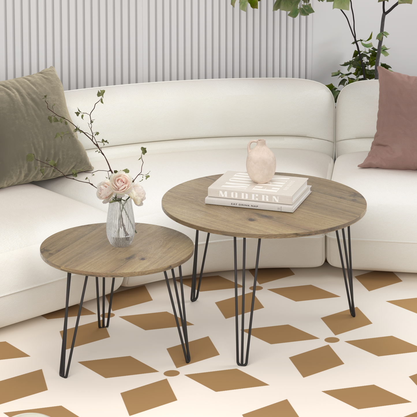 Brown Wood+metal Steel Frame Nesting Tables with Wood Legs - detail view 6