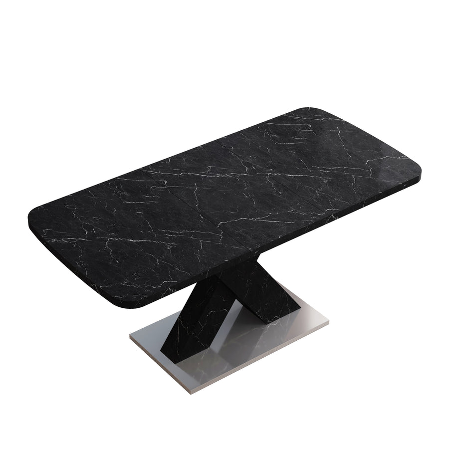 Modern Rectangle Dining Table with Stretchable Top in Printed Black Marble Finish - primary color shot