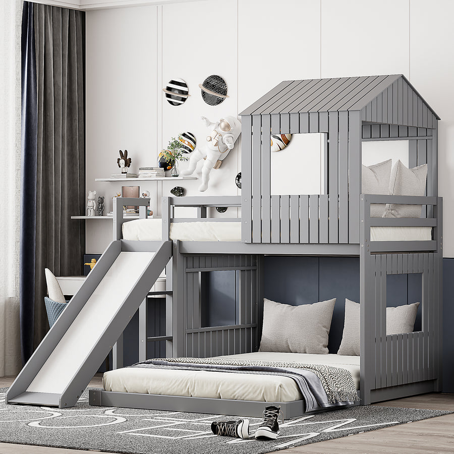 Wooden Twin over Full Bunk Bed - Gray - primary color shot