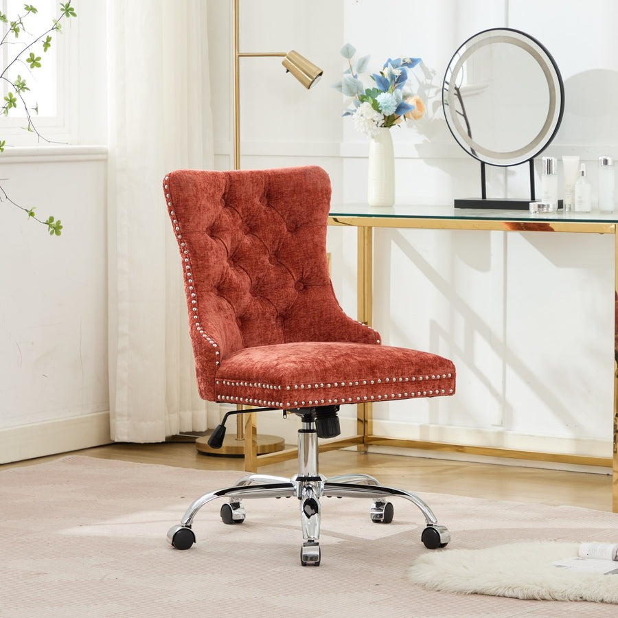 Orange Chenille Tufted Nailhead Trim Office Chair with Silver Legs