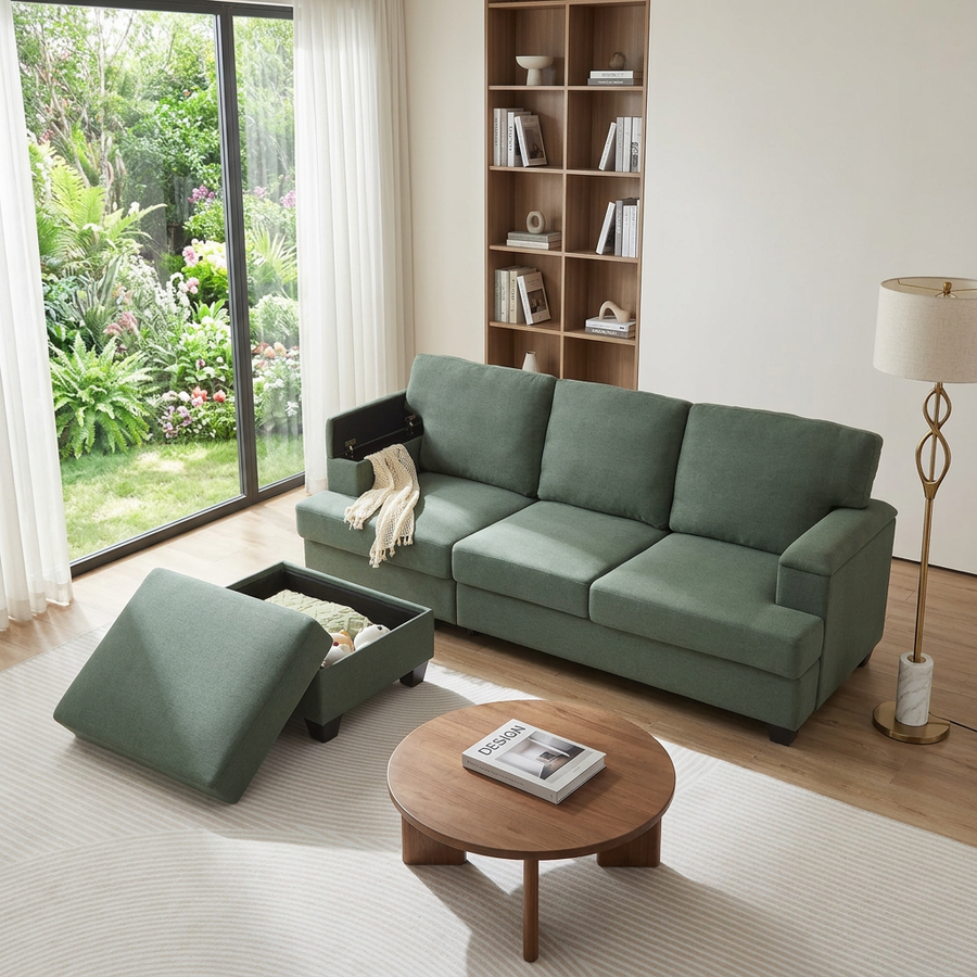 86' L-Shaped Sectional Sofa with Movable Ottoman & Storage, Linen Fabric Corner Couch for Small Living Room, Green - primary color shot