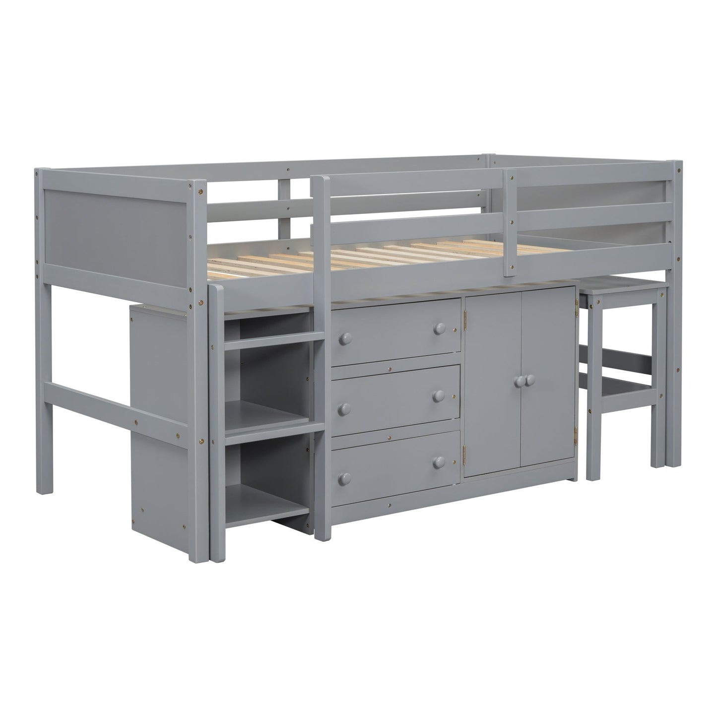 Mariner Twin Size Low Loft Bed With Pull-Out Desk, Drawers, Cabinet, and Shelves