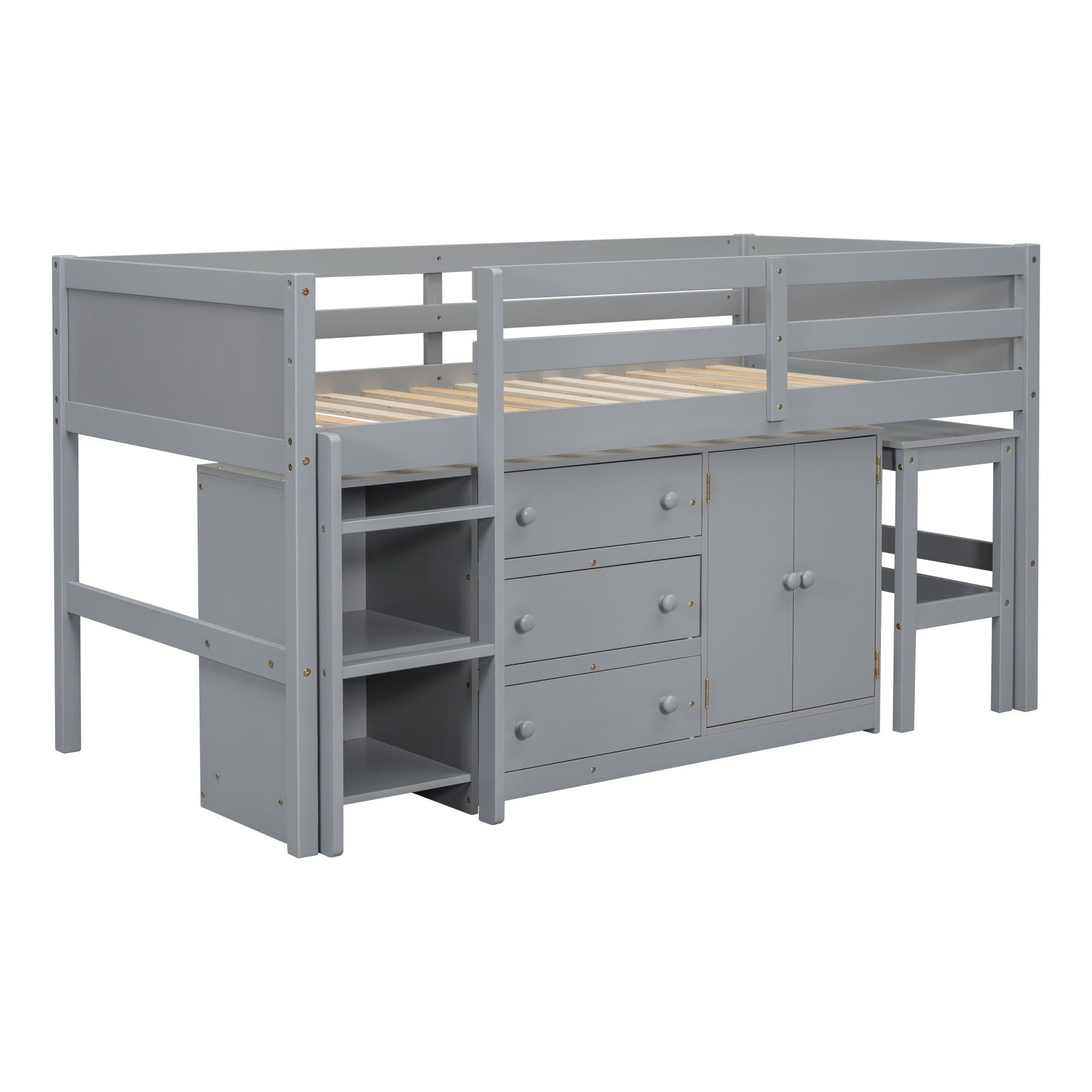 Mariner Twin Size Low Loft Bed With Pull-Out Desk, Drawers, Cabinet, and Shelves
