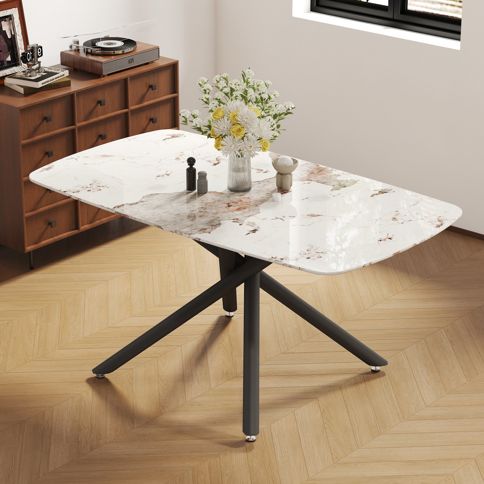 63" Luxurious White Marble-Patterned Tempered Glass Dining Table.single Fork Black Metal Table Legs.tempered Glass Table Top - primary color shot