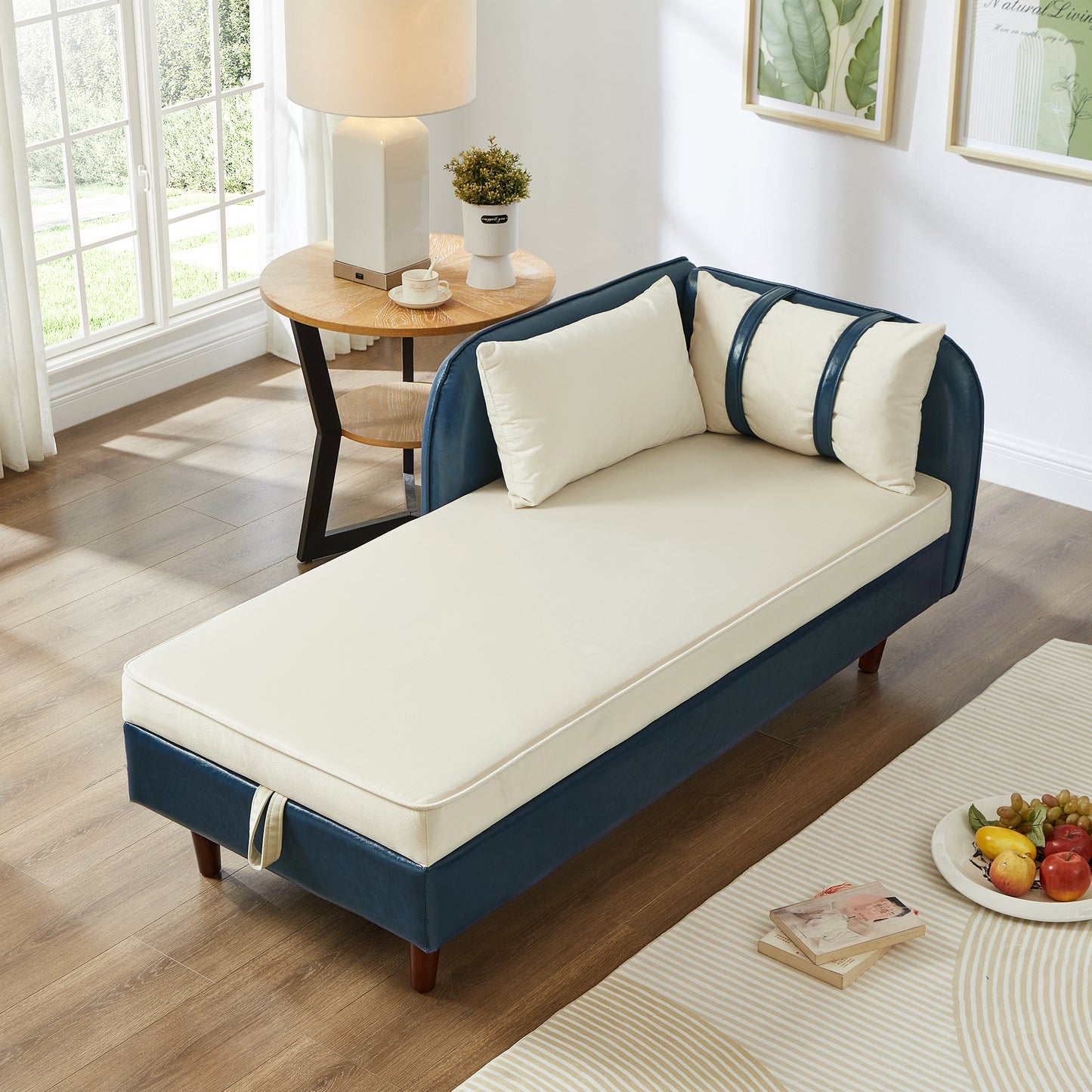 65" Storage Chaise Lounge Sofa Navy Blue PU & Beige Velvet - detail view 3